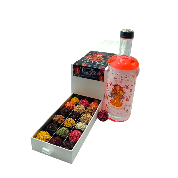 Ladebox met Chocolade Truffels en Fles Flower Power