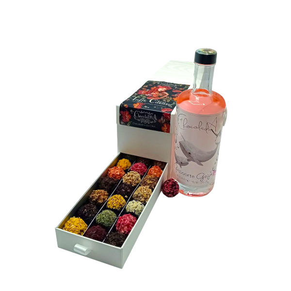 Ladebox met Chocolade Truffels en Fles Girl