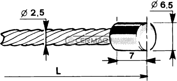 Cavo con testa cilindrica Ø 6,5x7  Diametro cavo 2,5 mm  Lunghezza 1000 mm