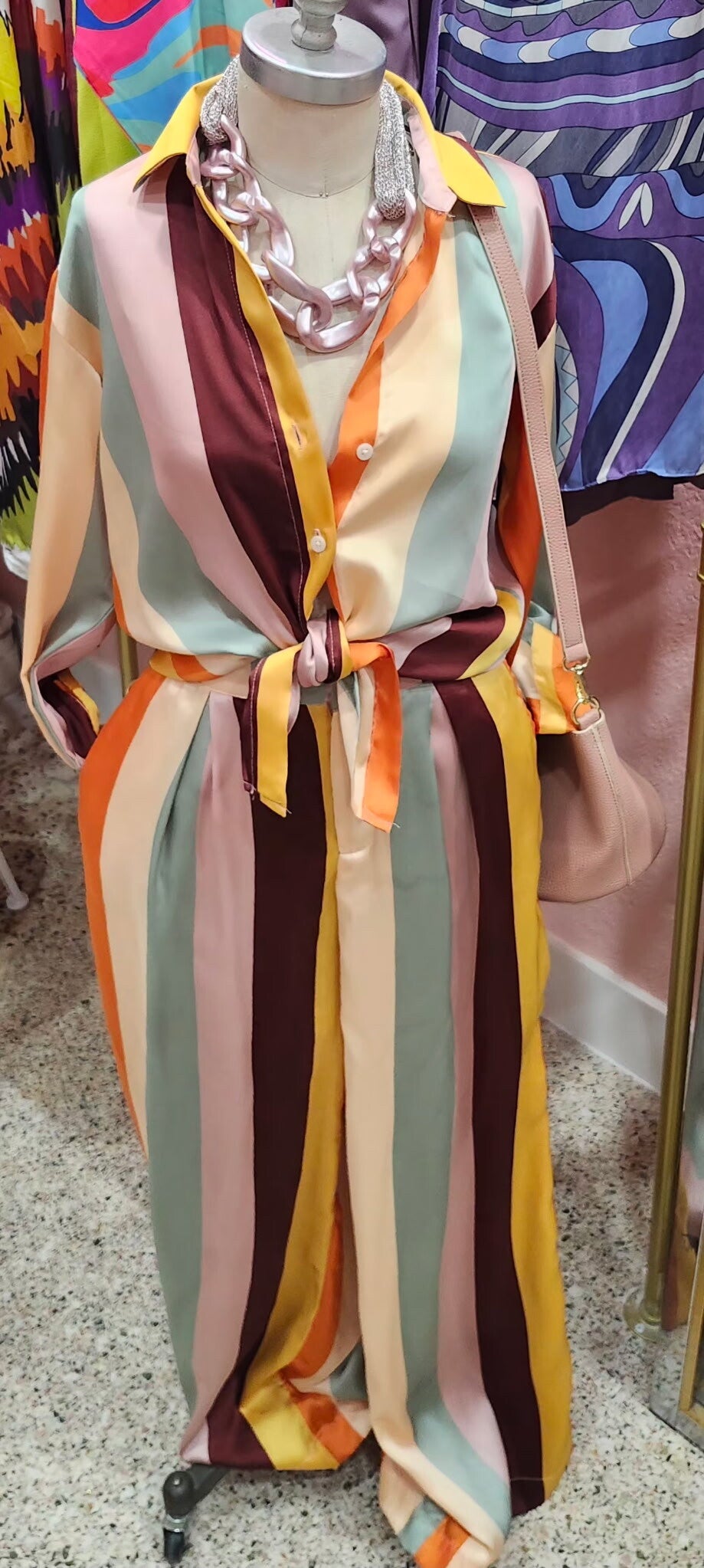 Fe Noel Vertical Mixed Striped Long Sleeve Blouse and Pant Set Size XS