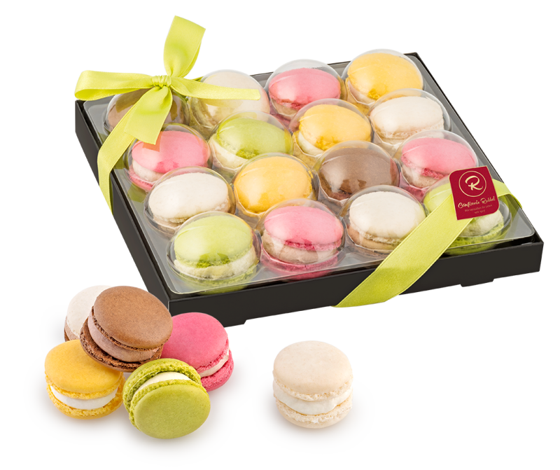 Präsentpackung Macarons mit grüner Schleife - 9,48€/Stück