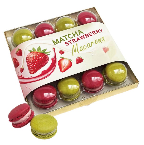Präsentpackung Macarons Matcha und Erdbeer