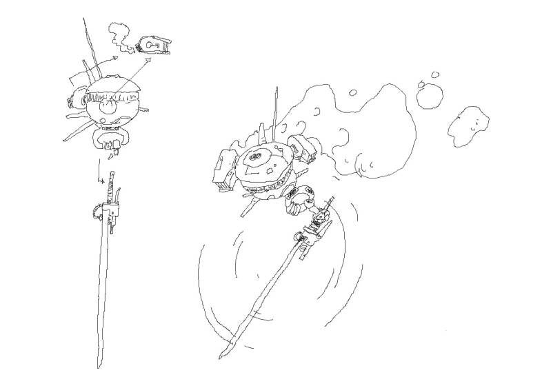"I want a dron design that carries a sword and fights with it. Sketch"