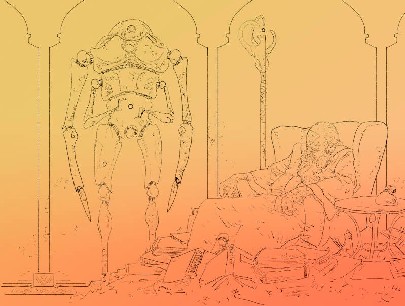 "Same style as the previous one, maintaining that paper texture and line work to create a series. This time we’re inside the lighthouse, and we see a wide shot of a sort of magician sleeping in an armchair. The floor is littered with books, and behin..." 