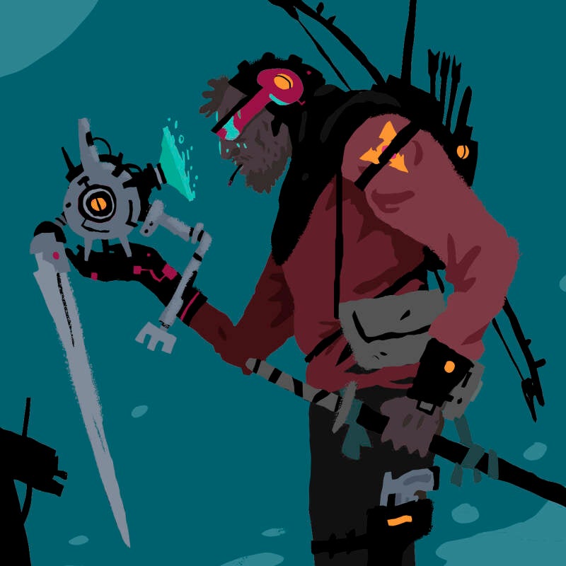 "I liked the drone's design. I want you to draw a full-color, medium-shot illustration of a cyberpunk character with that drone. I want the character to have dreadlocks, wear futuristic glasses and a hood, and be heavily armed: a bow, a sword, and a gun."