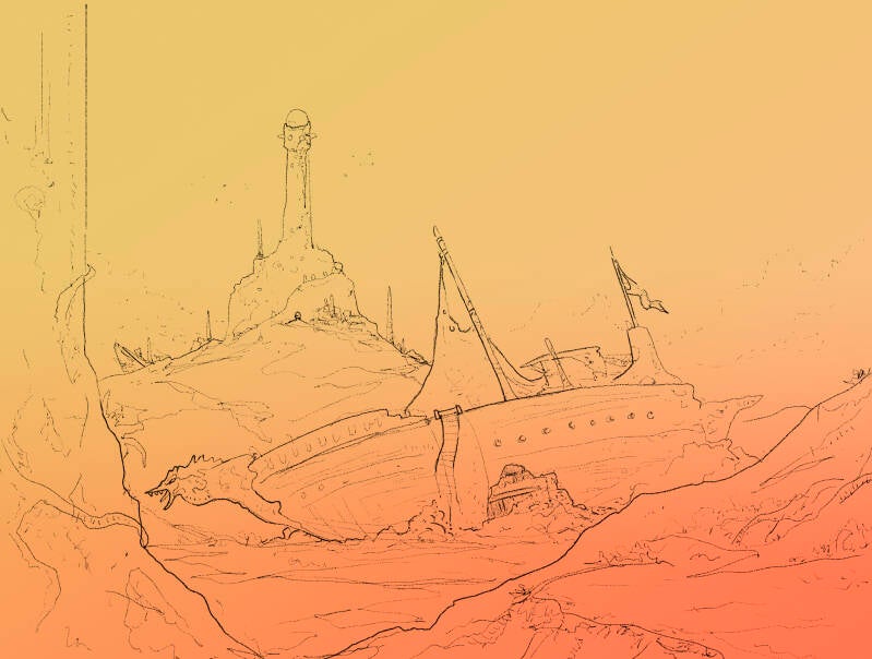 "I want a background with a sketchy outline but with some details and orange paper tone. The image should depict a magical lighthouse in the distance and dry land all around that used to be the sea. In the center, there is a wrecked ship that still re..."