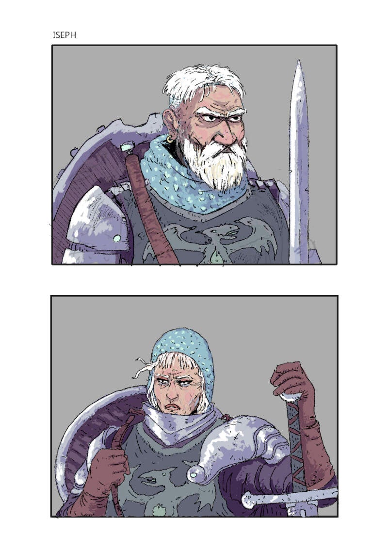 "I want a portrait design of a Paladin named Iseph. Make male and female options. Cold metal colours and brown leather. They have white hair and look tired, but wise. They lived long enough to loose a bit of their faith. No background. Handraw coloured."