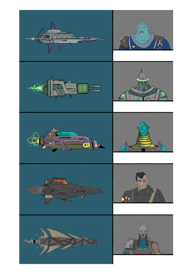 "I want a sheet with colorful, clearly outlined designs of spaceships and their respective commanders. The ships and characters should share a similar style but have distinct features that differentiate them based on the faction they represent: alien..."