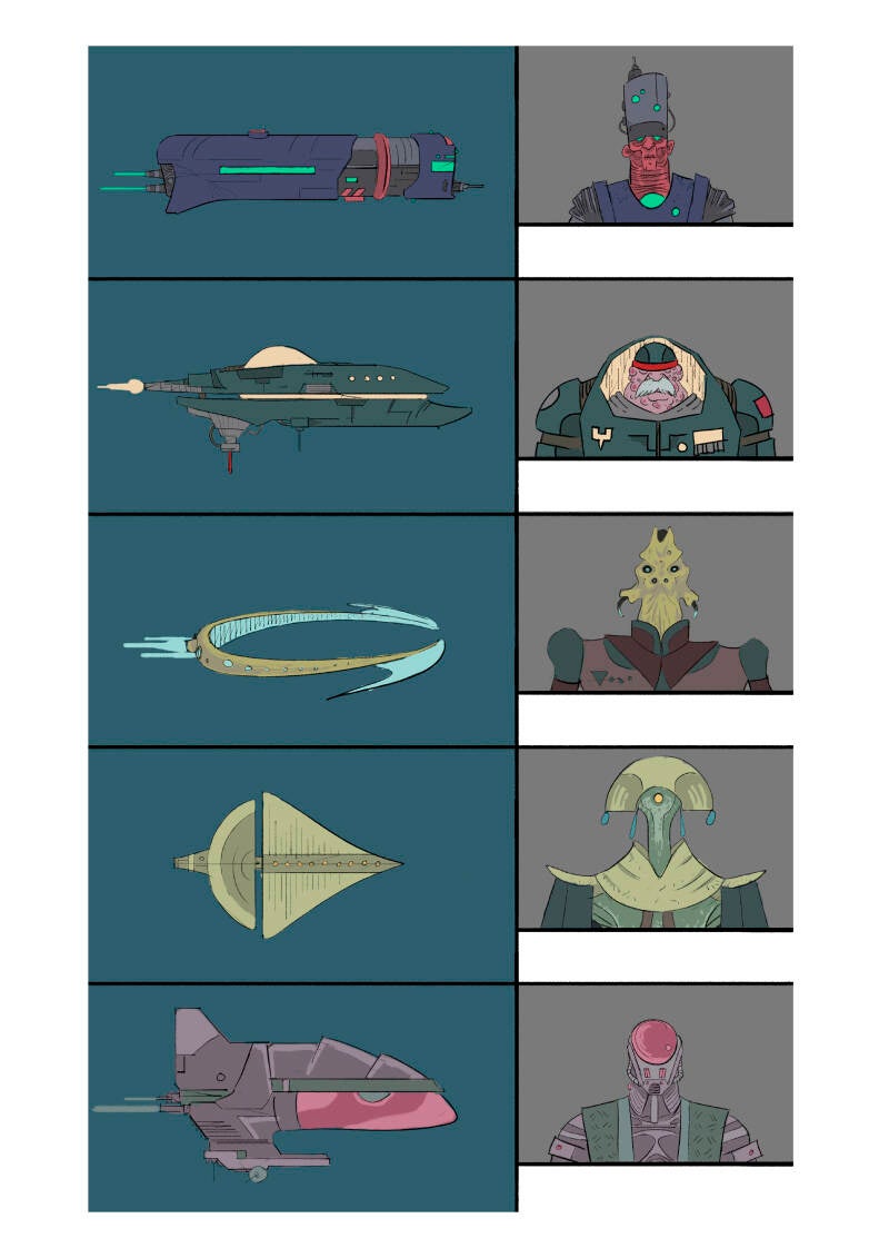 "Let's keep the same style going with one more sheet featuring five new factions: aliens, cyborgs, and more militarized humans."