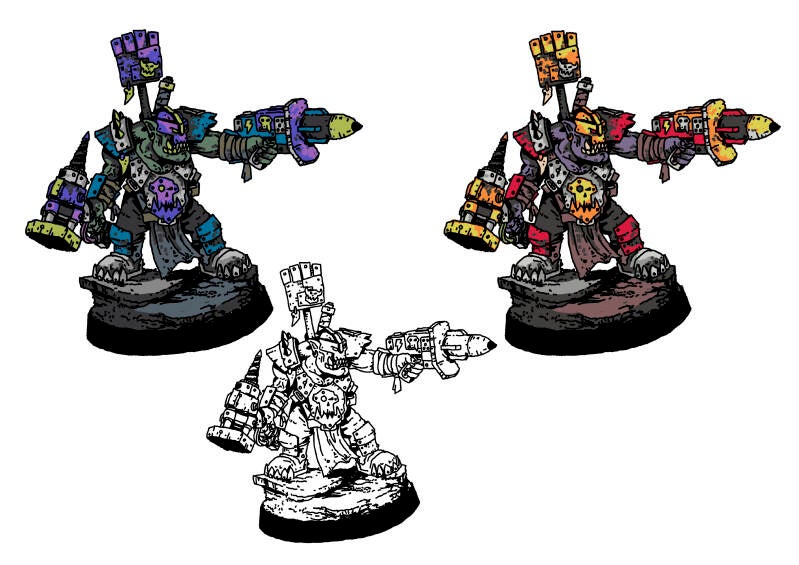 "Could you draw this miniature from the attached file and try out a few different color schemes? I want to paint it but I'm not sure how. It's a Wrecka Boss Nob from Warhammer. Please draw it in color using at least two different color schemes."