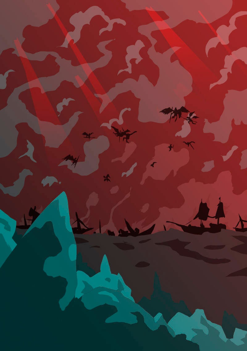 "Coloured sketch of a vertical composition. Palatinir's Sodoma as a reference. Red sky storm with figting angels. The view is set far, aside of some big rocks. We see a raging sea with ships burning in the foreground."