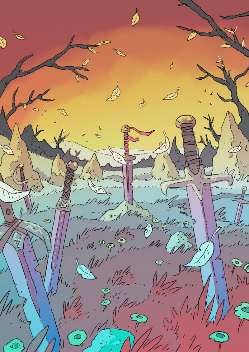 "Stylized fantasy illustration of a peaceful autumn field. Several swords stand upright across the landscape weathered but still majestic. Tall grass, rock formations flowers and leaves in a muted pastel palette. Line art no realism focus on clear sil..."