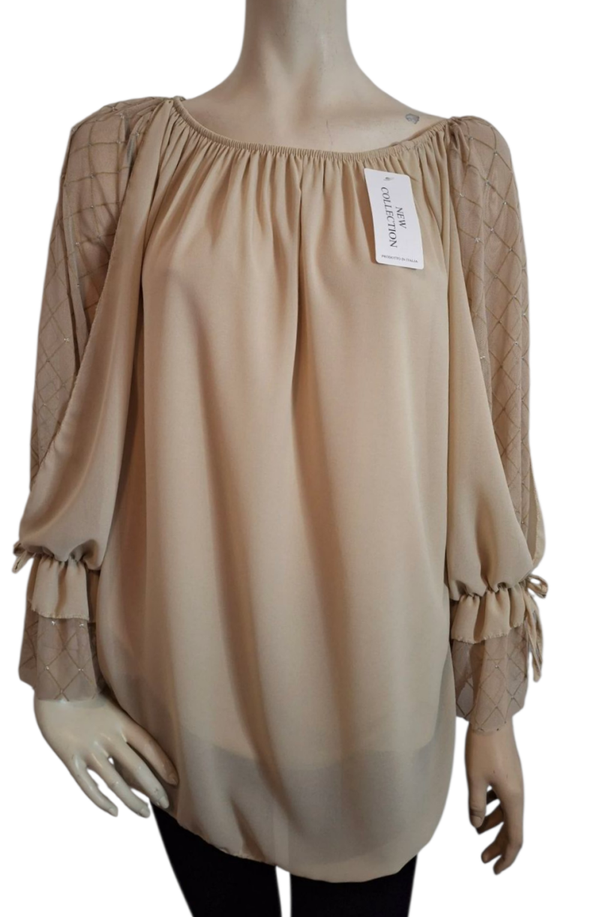 Blouse beige glitter mouw