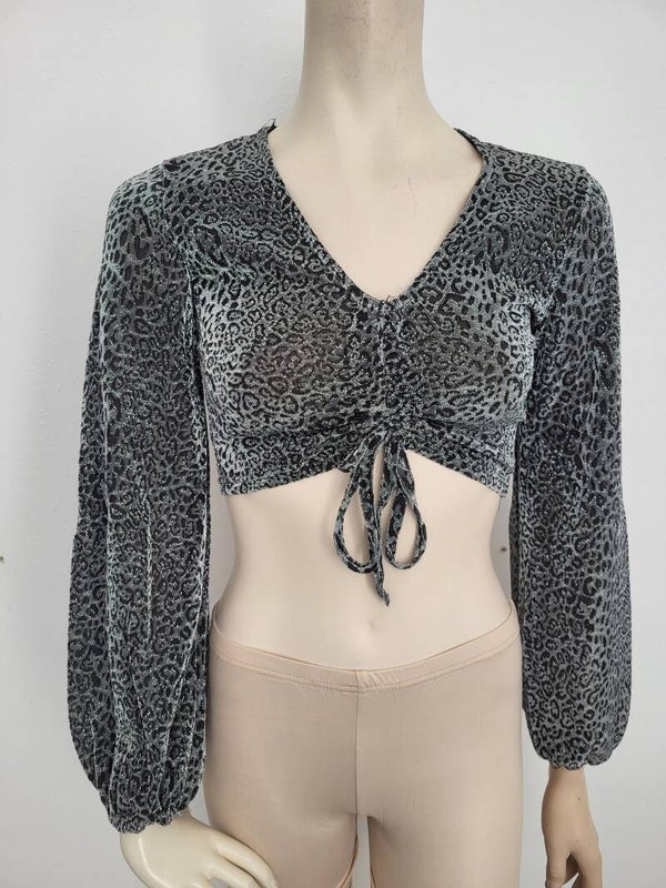 Zilveren crop top met lange mouwen en glitters met lovertjes