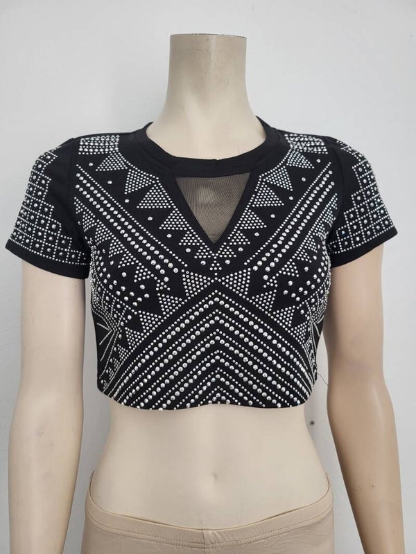 Zwart cropped T-shirt met korte mouwen met strass-steentjes, ronde hals