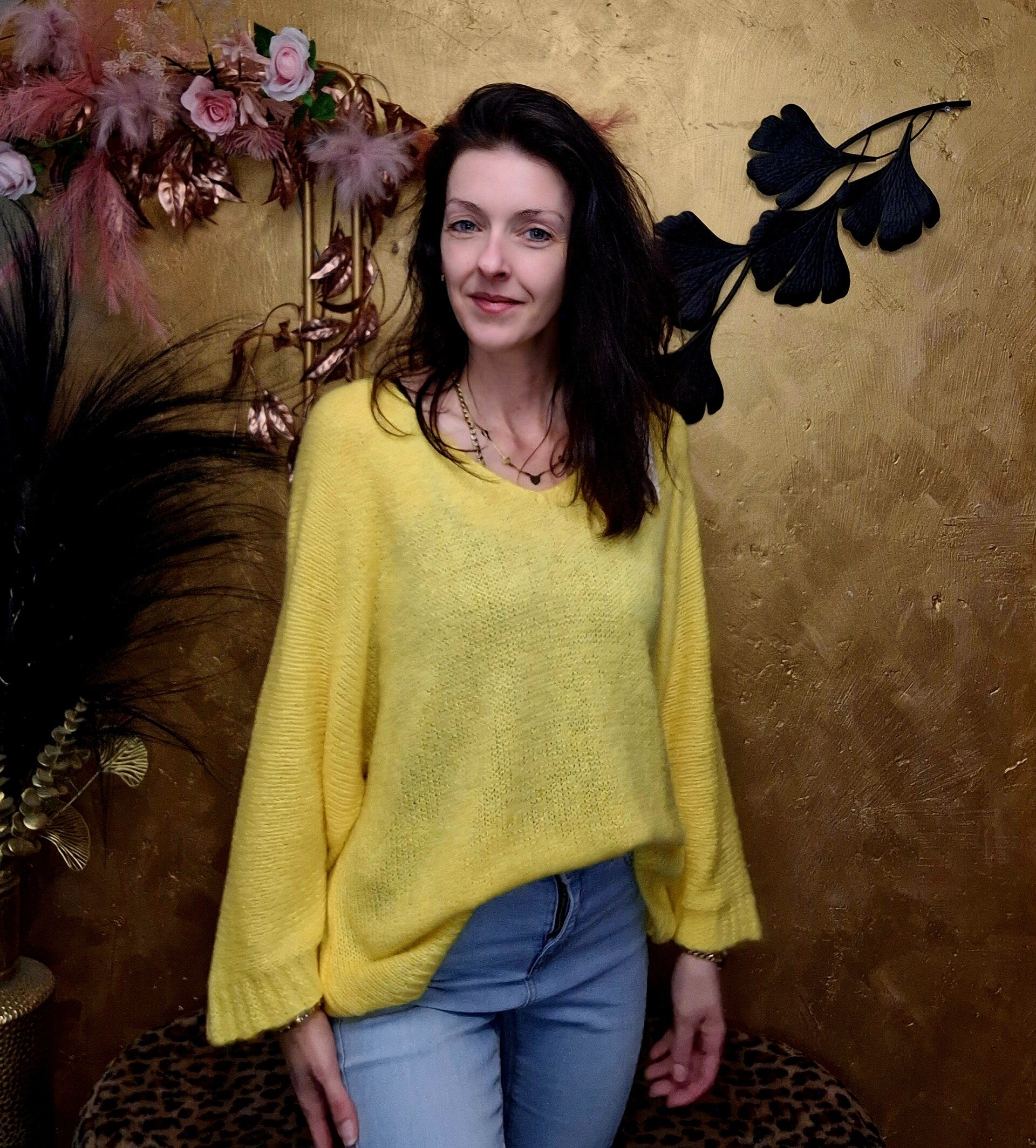 Trui 3/4 mouw V-hals geel