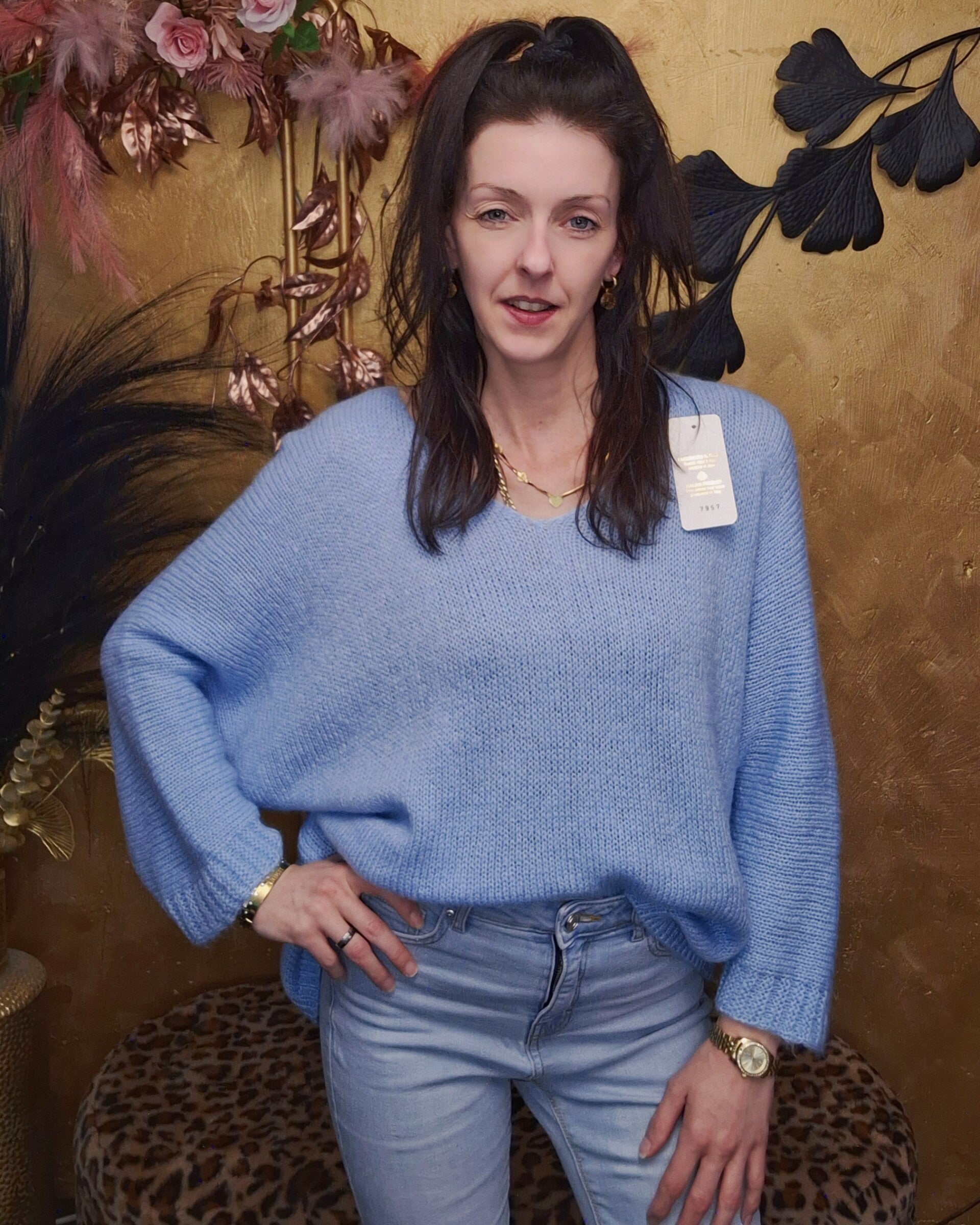 Trui 3/4 mouw V-hals lichtblauw