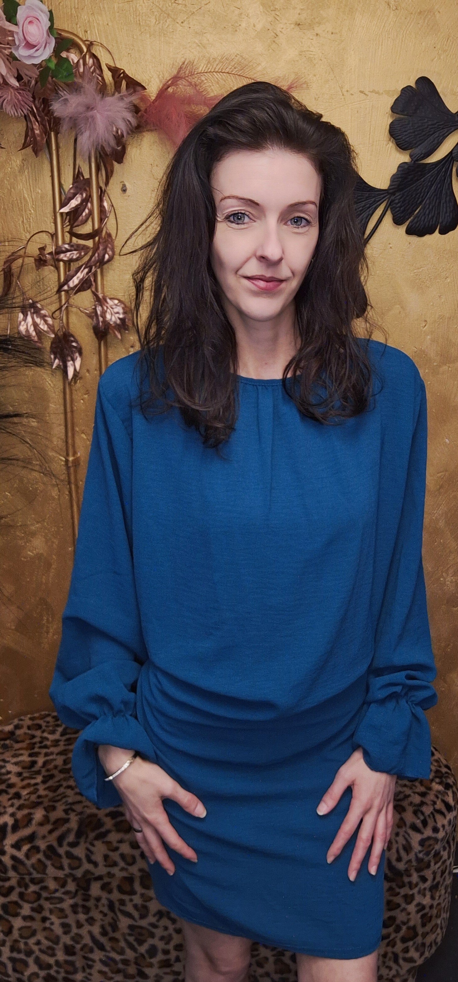 Jurk met lange ruffle mouw groen blauw