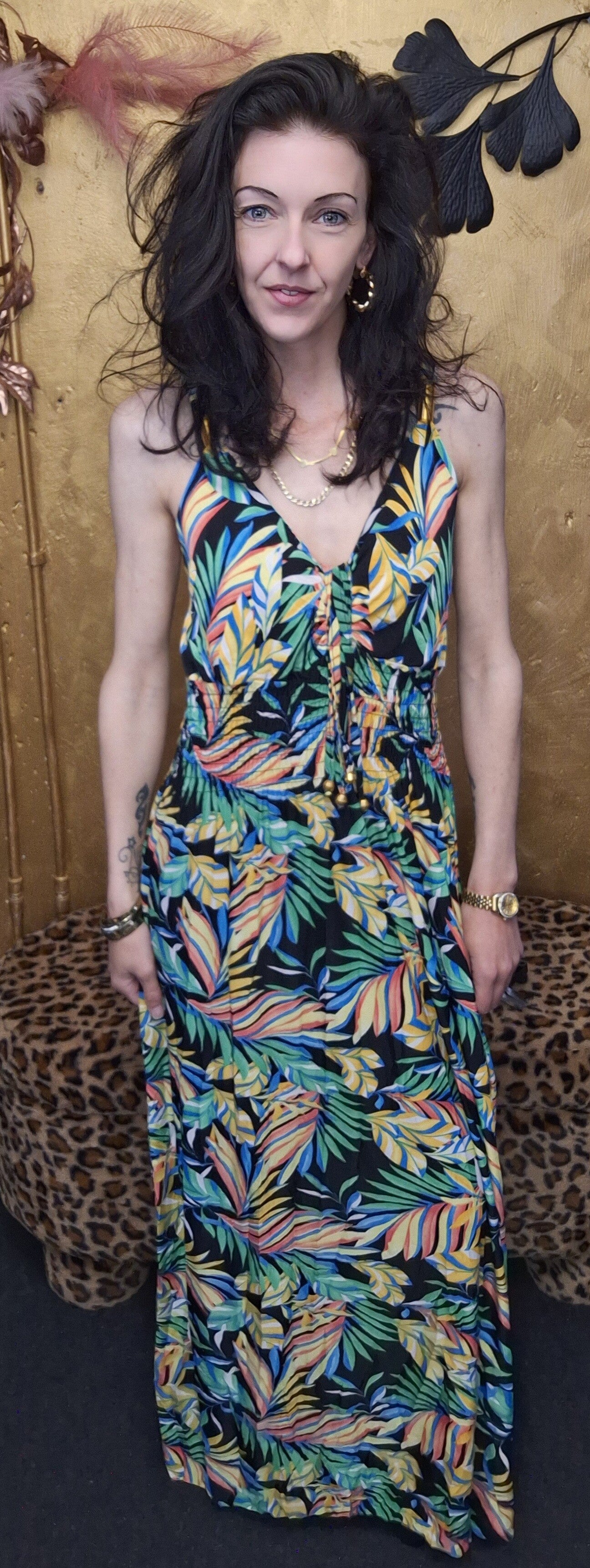 Fine woman lange jurk zwart met geel print