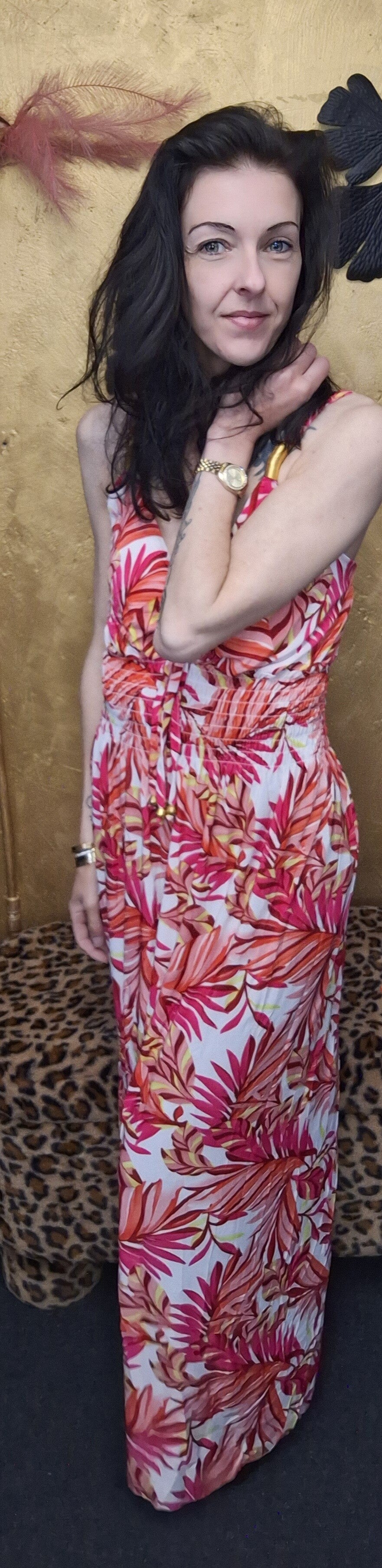 Fine woman lange roze jurk met witte print