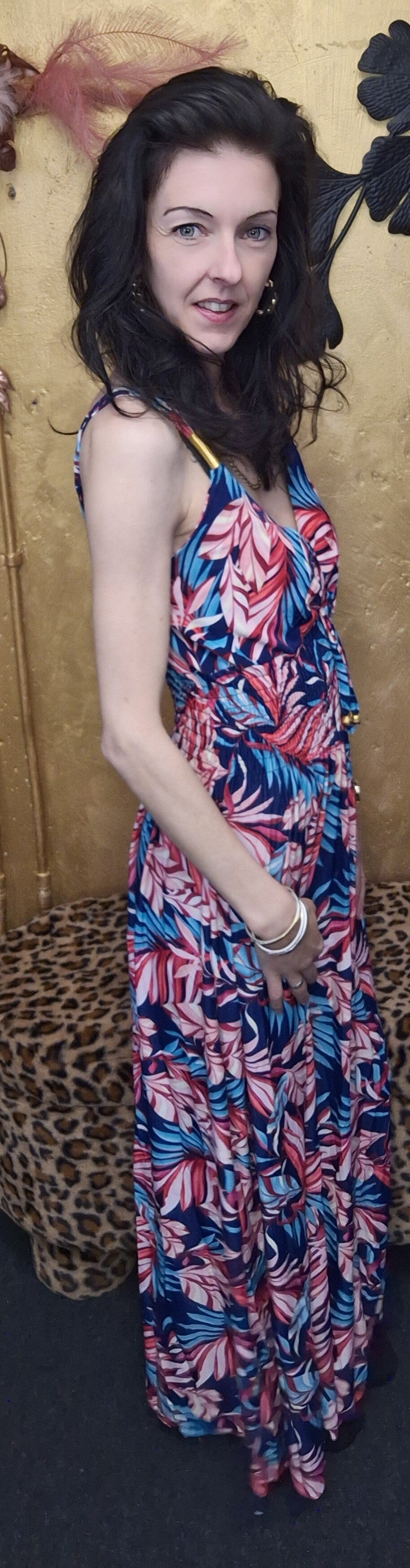 Fine woman lange jurk blauw met roze print