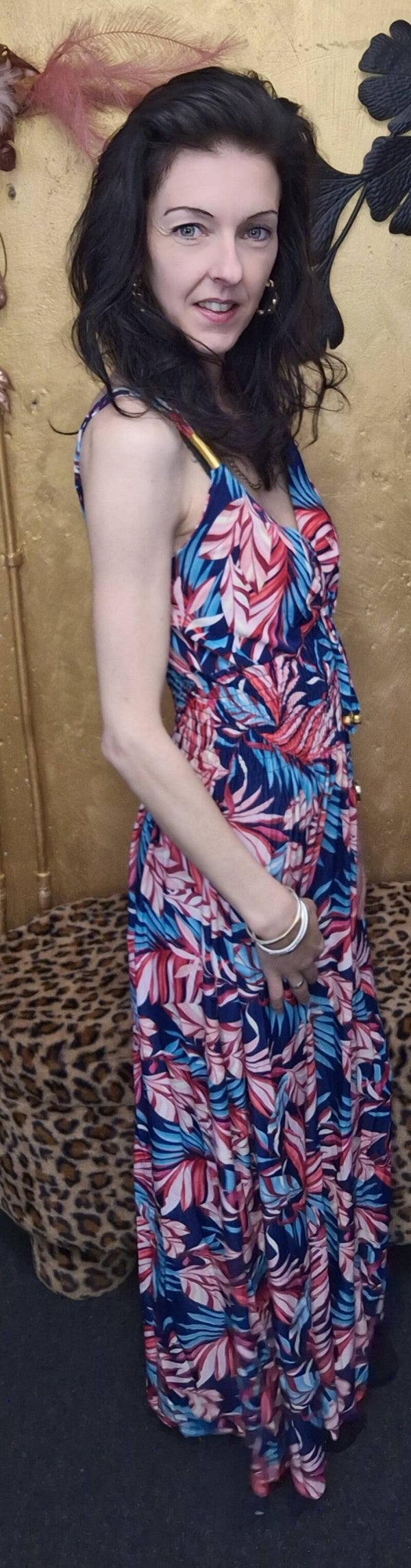 Fine woman lange jurk blauw met roze print