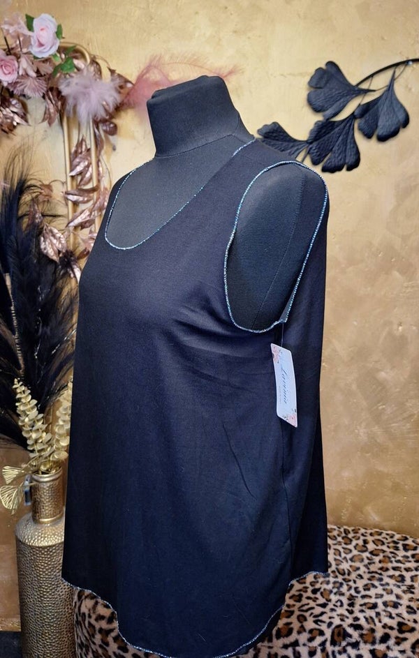 Mouwloze top met glitter rand zwart