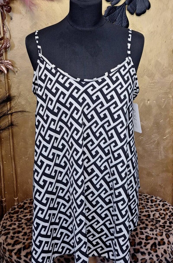 Mouwloze top met lijnen print zwart wit