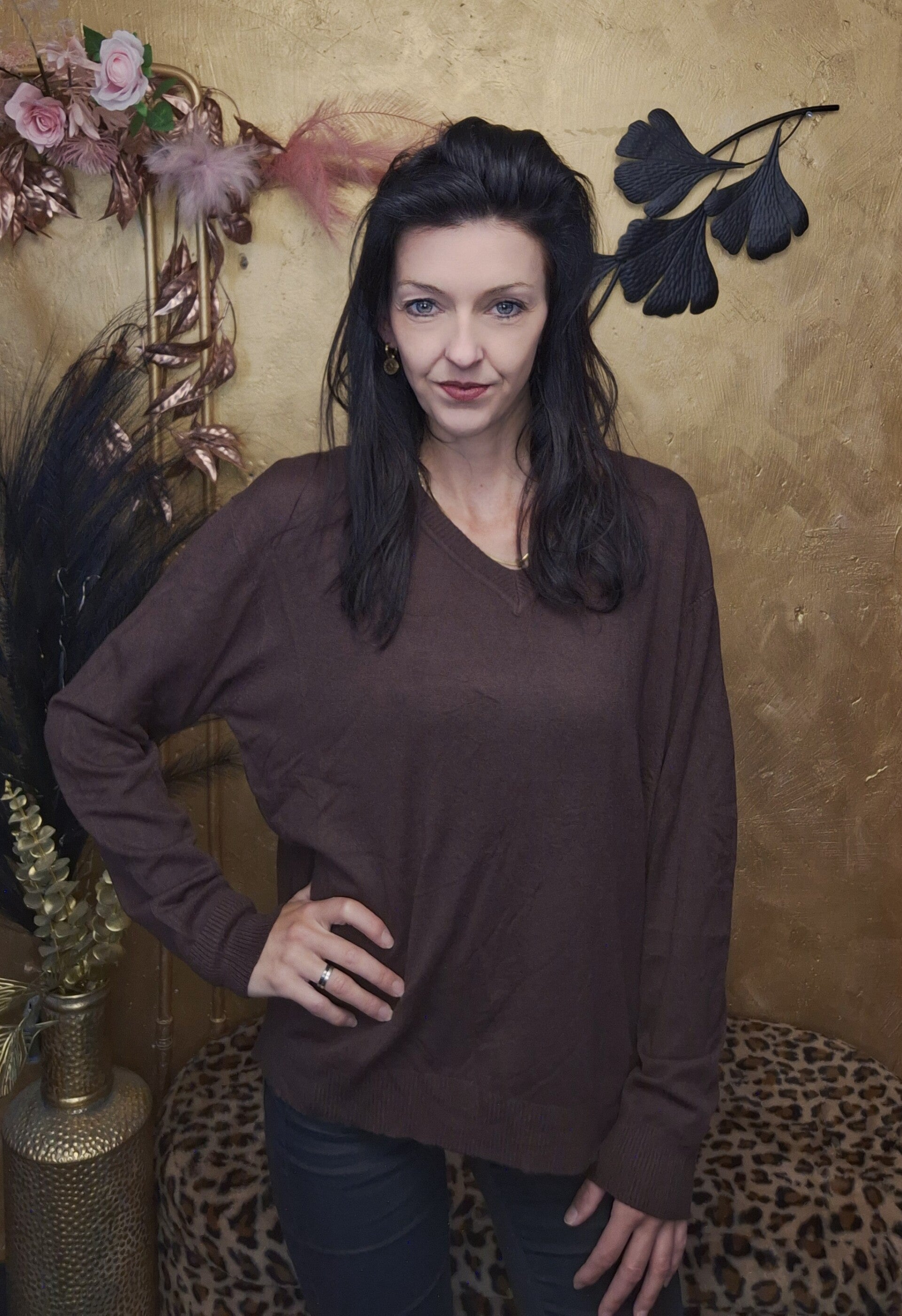 Longsleeve met V-hals bruin