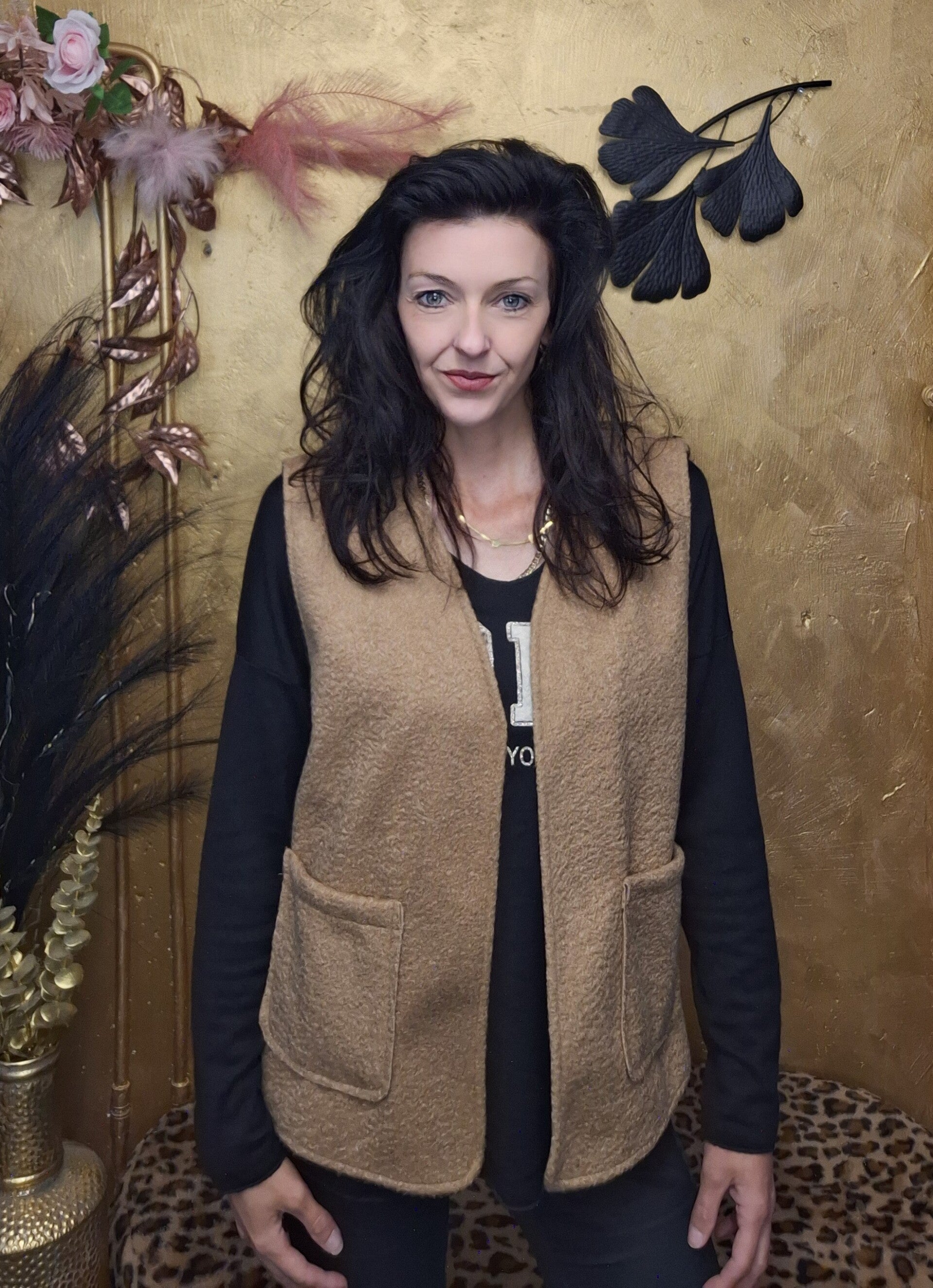 Bouclé gilet met zakken Camel