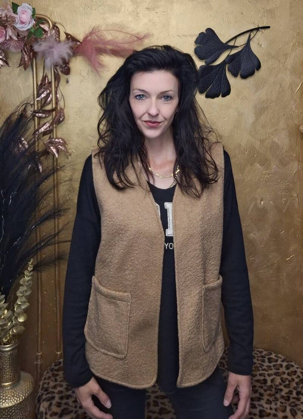 Bouclé gilet met zakken Camel