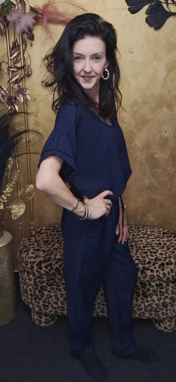 Luchtige zomerbroek met verstelbare taille en zakken donker blauw