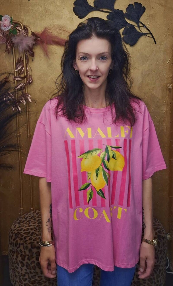 T-shirt Dames – Roze Oversized Shirt van 100% Katoen met Amalfi Coast