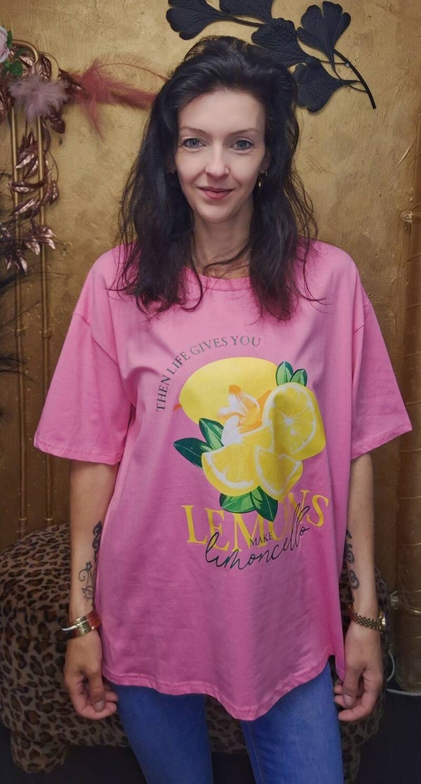 T-shirt Dames – Roze Oversized Shirt van 100% Katoen met Citroen print