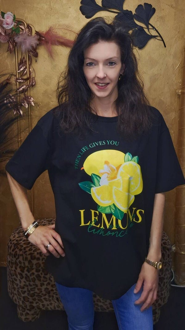 T-shirt Dames – Zwart Oversized Shirt van 100% Katoen met Citroen Print