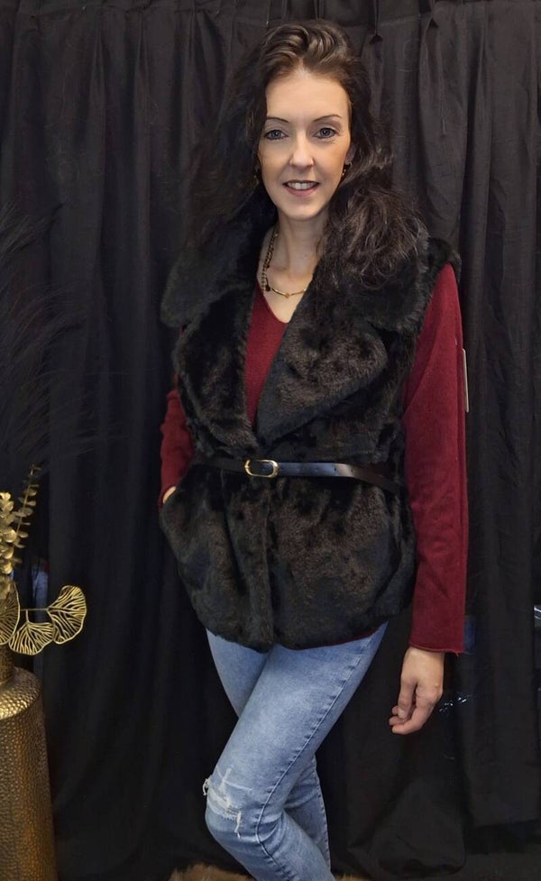 Teddy Gilet met Riem - Zwart - One Size t/m 42