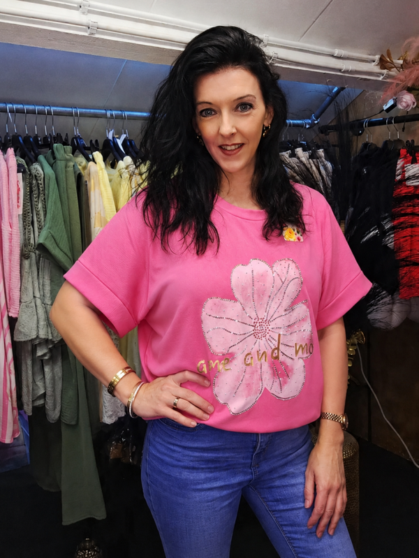 T-Shirt met Bloem & Strass steentjes fuchsia maat 44/46 XL-XXL