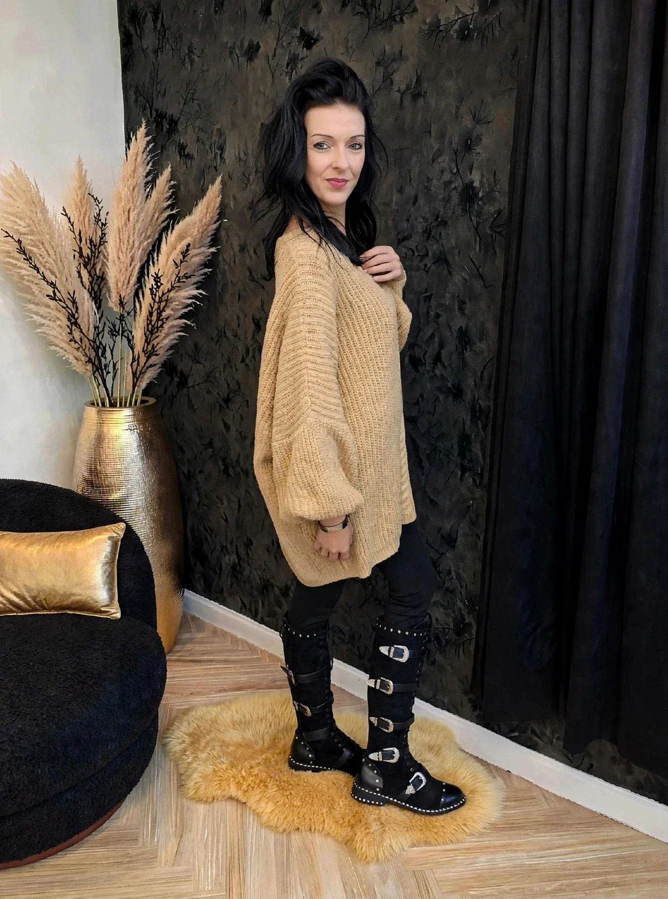 Oversized Gebreide Trui met Kabel - Camel / Beige