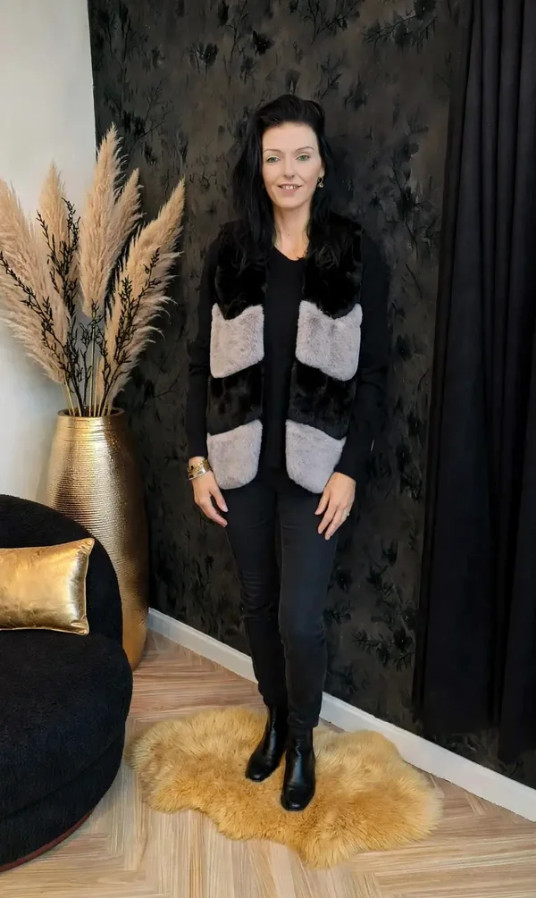 Dames Bodywarmer Zwart Grijs Imitatie Bont - Warme  Bodywarmer