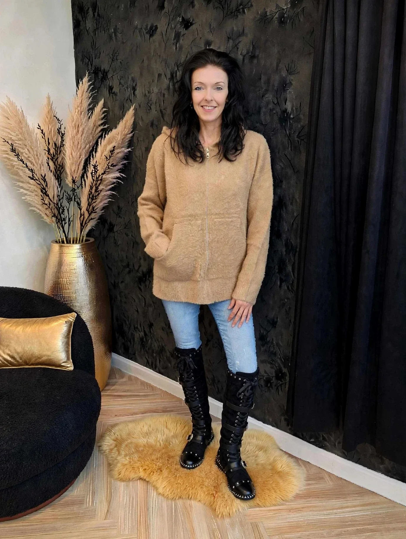 Pluche Vest Dames Camel - Teddy Vest met Rits en Capuchon