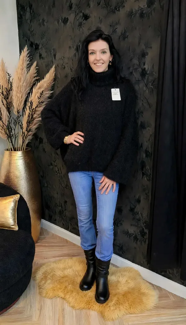 Dames Coltrui Zwart Oversized - Warme Trui Met Vleermuismouwen 3/4 Mouw