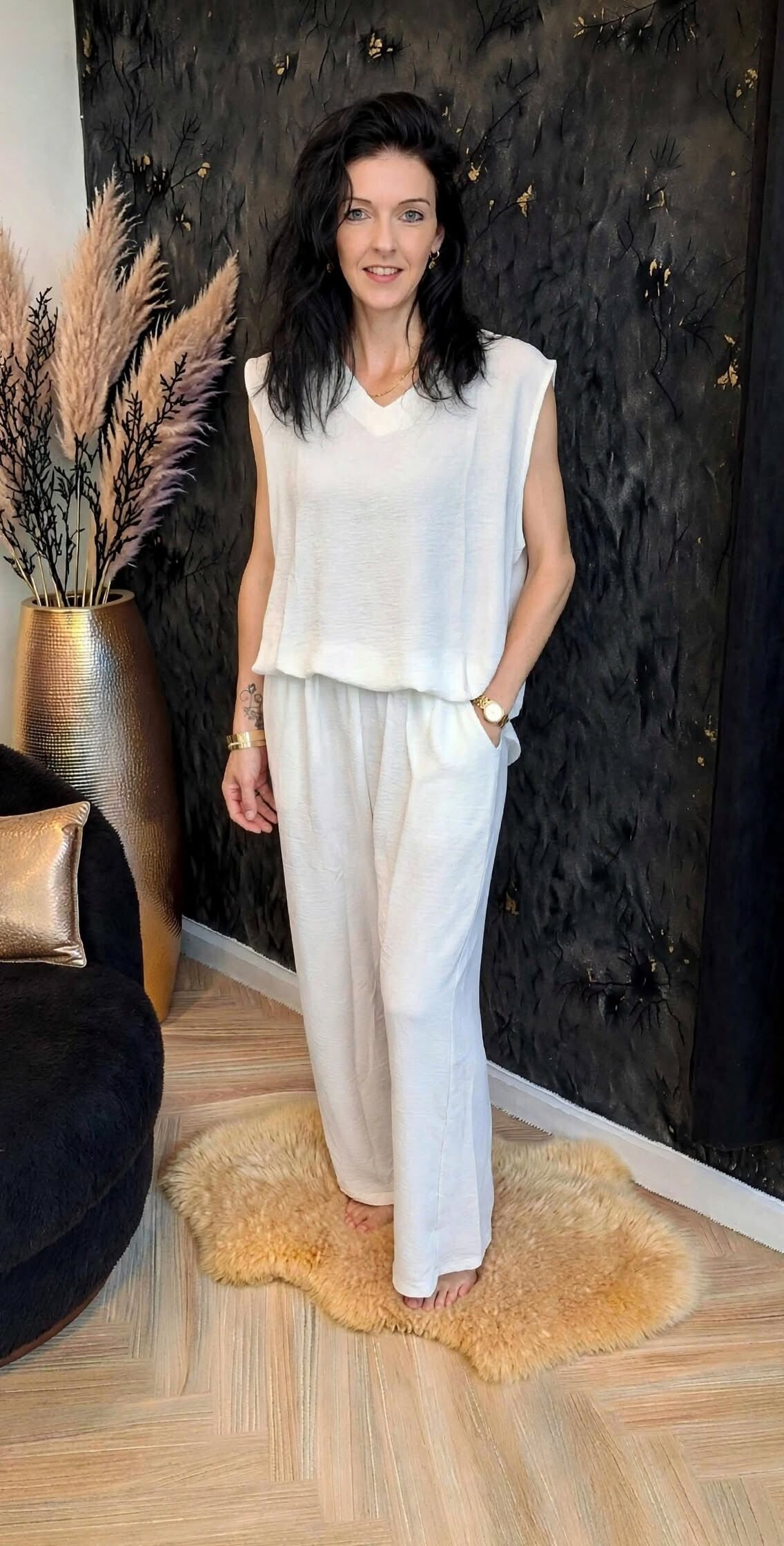Witte Luchtige 2-Delige Set met Zakken | Dames Loungeset One Size 40 t/m 44