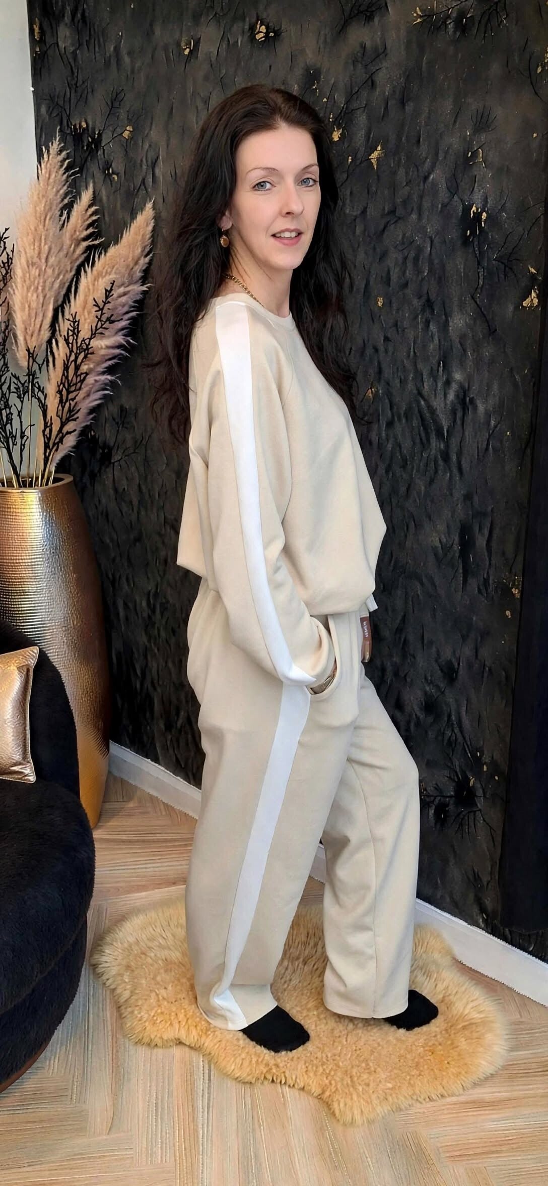 Huispak Dames – 2-Delig Set met Witte Streep beige