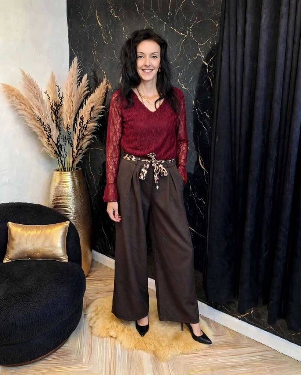 Wijde Broek Met Panter Strikriem Choco-Bruin
