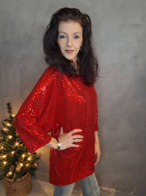 Rode Pailletten Top | Feesttop Kerst Glitter Top