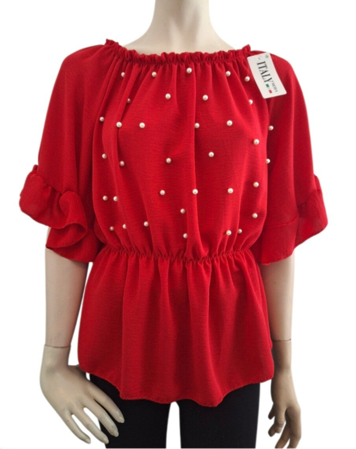 Stijlvolle rode top met parels