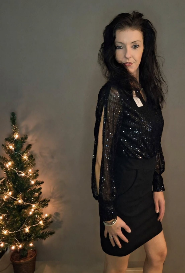 Zwarte Paillettenjurk Elegant | Galajurk met Splitmouwen