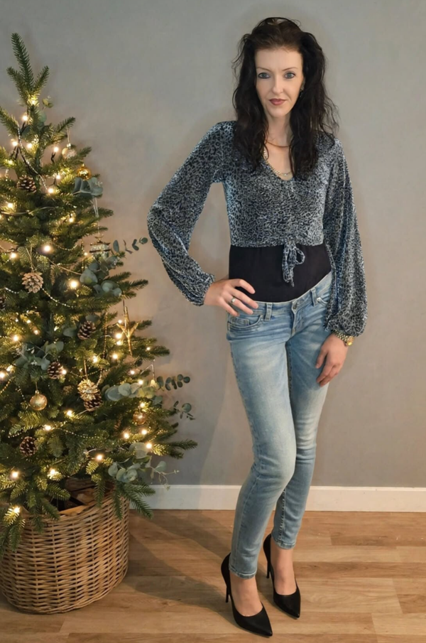 Zilveren Glitter Luipaard Crop Top Lange Pofmouw