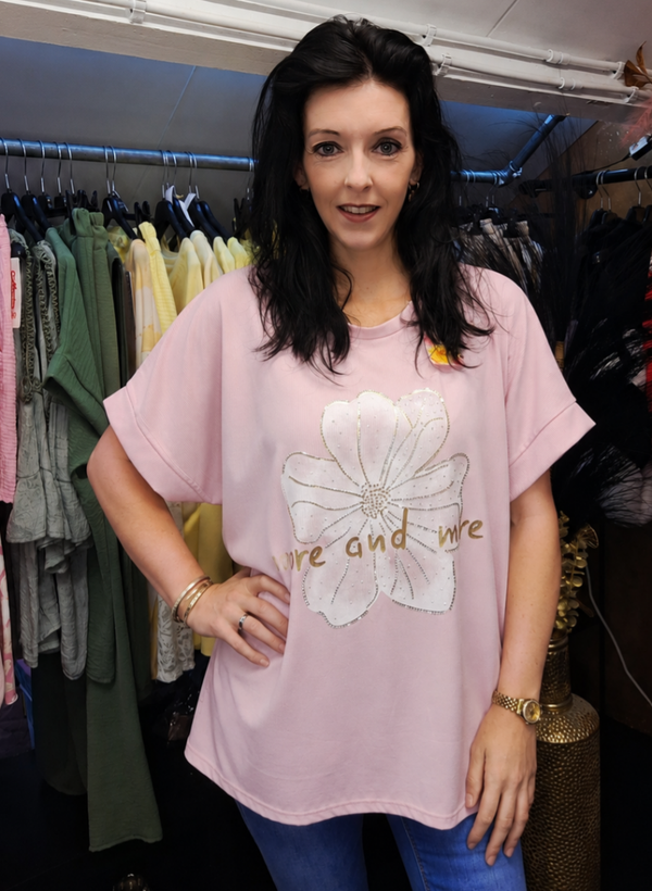 T-Shirt met Bloem & Strass steentjes licht roze  maat 44/46 XL-XXL