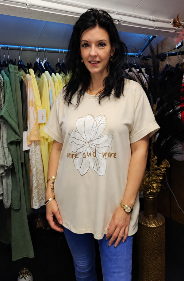 T-Shirt met Bloem & Strass steentjes beige maat 44/46 XL-XXL